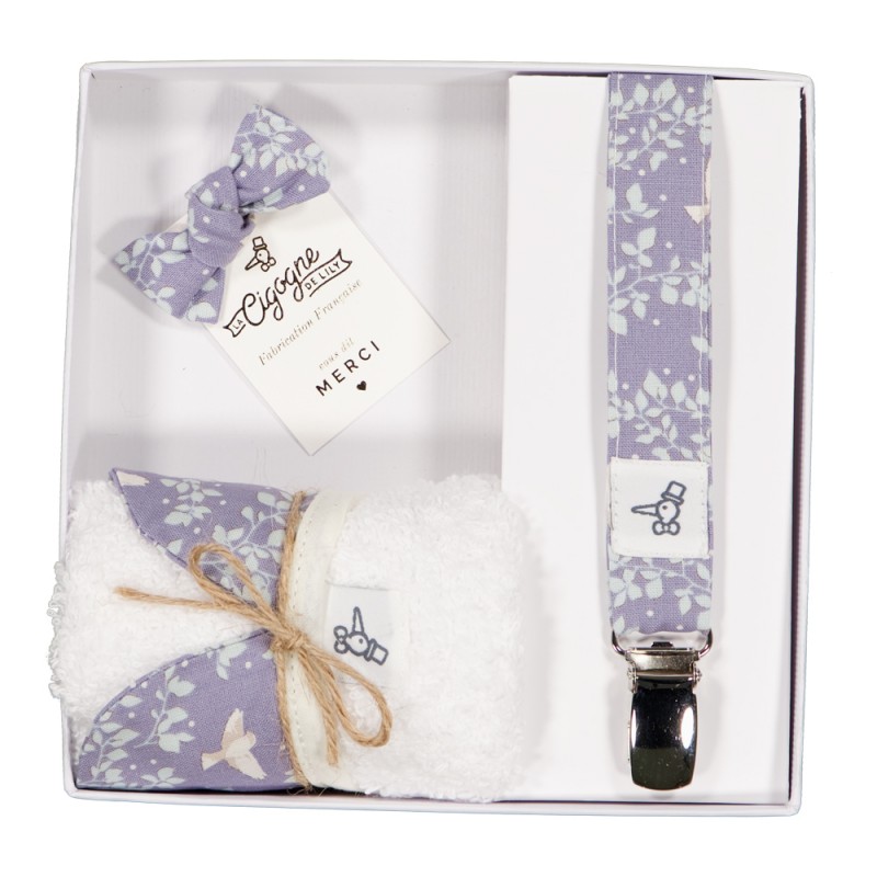 Coffret Naissance - Bavoir à col + Attache-tétine + Barrette - La Cigogne de Lily