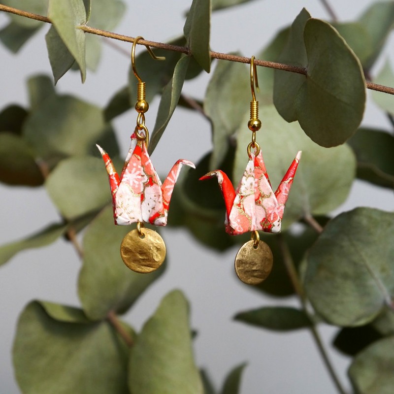 Boucles d'oreilles Origami Grues Rouges - La petite fabrique d'Estelle