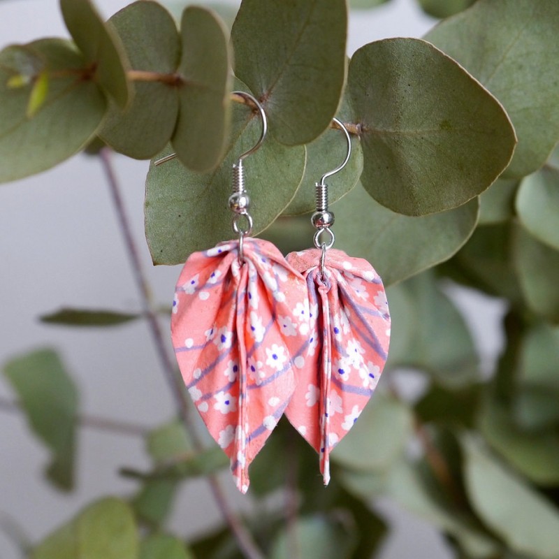 Boucles d'oreilles Origami Feuilles corail