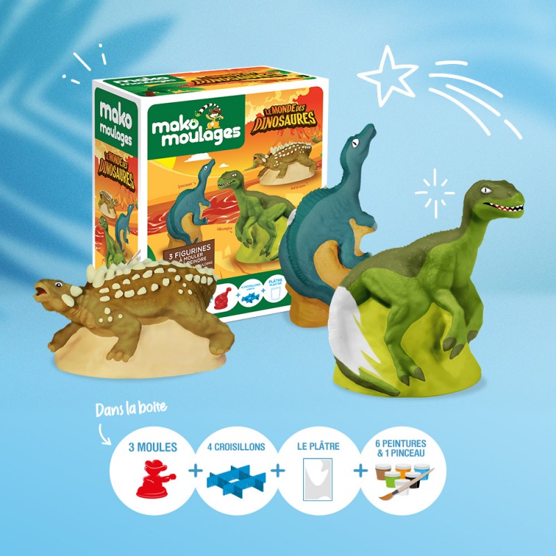 Kit Moulage Dinosaures Mako - 3 Moules (ankylosaure, Spinosaure, Vélociraptor), Plâtre Inclus